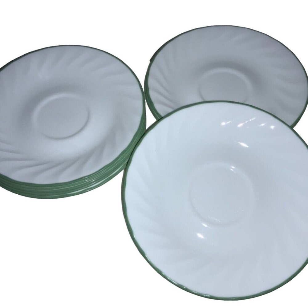 Corelle Saucers Swirl Green Rim for Cups or Mugs Set of 8